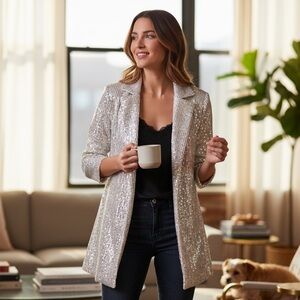 ✨ Messini Silver Sequin Open-Front Blazer Jacket | Size L New w tags✨